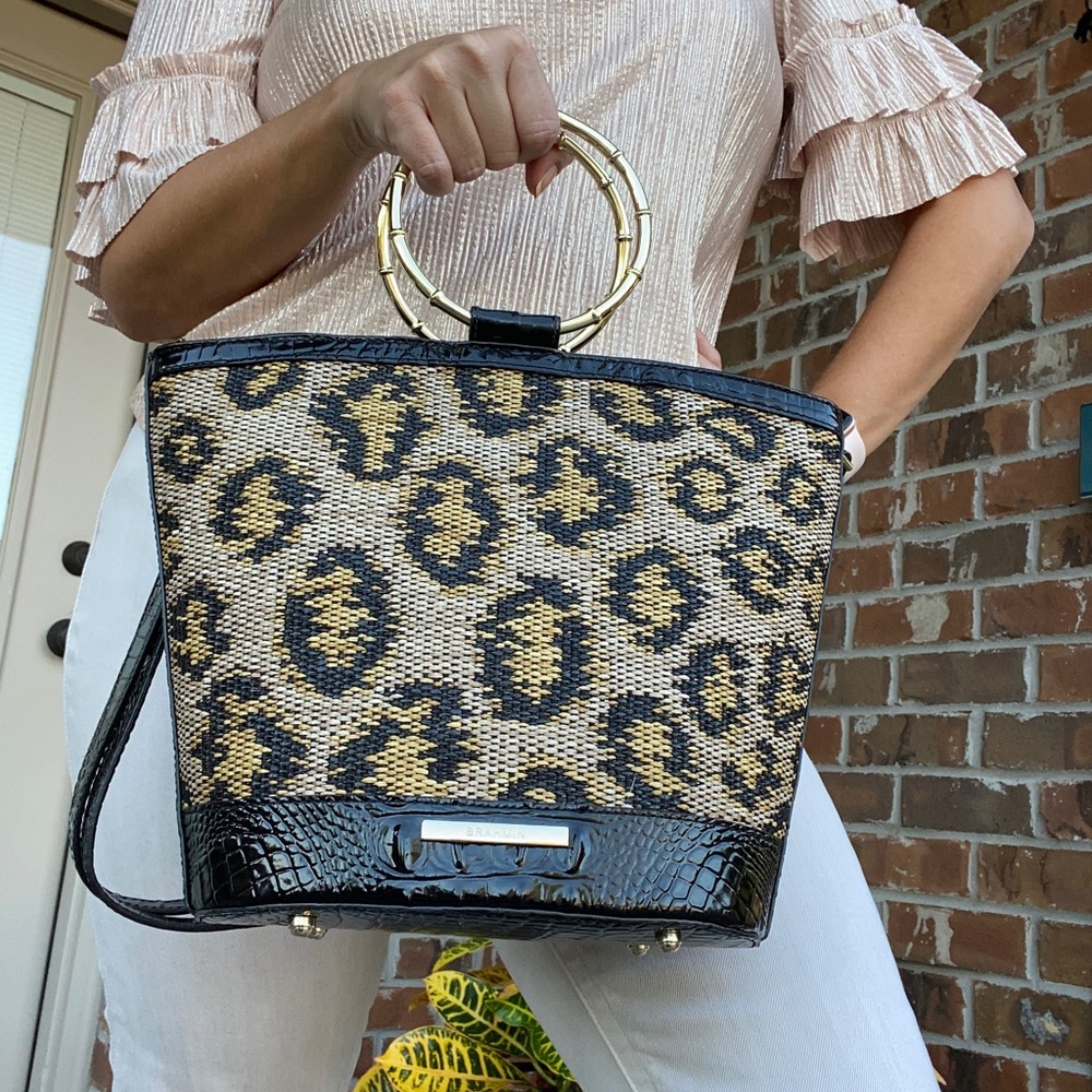 NWT BRAHMIN MOD BOWIE TEXTURED LEATHER & STRAW SATCHEL TYBEE MULTI